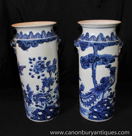 Pair Blue White Chinese Porcelain Umbrella Stands Urns Vases Nanking